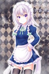 Rule 34 | 1girl, apron, argyle, argyle background, argyle clothes, black thighhighs, blue shirt, blue skirt, blush, bow, braid, closed mouth, collared shirt, cowboy shot, frilled apron, frilled skirt, frills, green bow, green ribbon, hair bow, hand on own hip, highres, holding, holding knife, izayoi sakuya, knife, long hair, long sleeves, looking at viewer, maid headdress, miniskirt, neck ribbon, pleated skirt, purple eyes, reimei (r758120518), ribbon, shirt, silver hair, skirt, smile, solo, standing, thighhighs, touhou, twin braids, waist apron, white apron, wing collar, zettai ryouiki