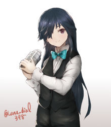 Rule 34 | 1girl, alternate costume, bartender, black hair, black pants, black vest, brown eyes, cocktail shaker, cowboy shot, dress shirt, gradient background, green neckwear, hair over one eye, hayashimo (kancolle), highres, kantai collection, ld (luna dial398), long hair, long sleeves, looking at viewer, one-hour drawing challenge, pants, shirt, smile, solo, twitter username, very long hair, vest, white background, white shirt