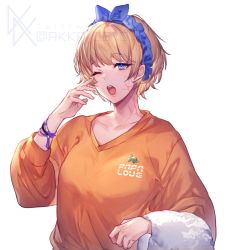 Rule 34 | 1girl, alternate costume, animification, apex legends, blue bow, bow, bracelet, breasts, facial scar, hair behind ear, hair bow, jewelry, medium breasts, mizutama (mao11260510), nessie (respawn), one eye closed, open mouth, orange sweater, scar, scar on cheek, scar on face, solo, sweater, twitter username, upper body, watermark, wattson (apex legends), white background
