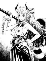 Rule 34 | 1girl, armpits, bare arms, bare shoulders, breasts, chain, closed mouth, club, club (weapon), cuffs, curled horns, earrings, greyscale, hair ornament, hair stick, hakama, hakama skirt, hand on own hip, hand up, high ponytail, hip vent, holding, holding weapon, horns, japanese clothes, jewelry, kanabou, long hair, looking at viewer, monochrome, multicolored hair, nel-zel formula, one piece, oni, over shoulder, photoshop (medium), rope, shackles, shimenawa, sideboob, sidelocks, skirt, sleeveless, smile, solo, spiked club, weapon, weapon over shoulder, yamato (one piece)