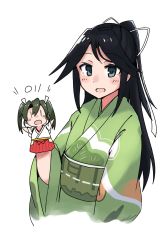 Rule 34 | 1girl, absurdres, black hair, blue eyes, blush, character doll, cropped torso, green kimono, hair ribbon, hand puppet, highres, japanese clothes, kantai collection, katsuragi (kancolle), kimono, long hair, long sleeves, ma rukan, open mouth, ponytail, puppet, ribbon, signature, simple background, smile, solo, white background, white ribbon, wide sleeves, zuikaku (kancolle)