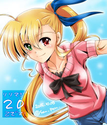 Rule 34 | 10s, 1girl, blonde hair, blush, dated, green eyes, hair ribbon, heterochromia, leaning forward, long hair, looking at viewer, lyrical nanoha, mahou shoujo lyrical nanoha vivid, aged up, red eyes, ribbon, san-pon, side ponytail, smile, solo, translation request, twitter username, vivio