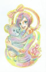 Rule 34 | 1girl, carrying, highres, hug, koala, koala (one piece), noenga, one piece, short hair, smile, traditional media