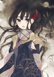 Rule 34 | 1girl, black eyes, black hair, black kimono, cloud, commentary request, floating hair, flower, full moon, hair flower, hair ornament, half updo, hand fan, hand up, highres, holding, holding fan, japanese clothes, kimono, layered clothes, layered kimono, long hair, long sleeves, looking at viewer, moon, original, paper fan, parted lips, plant, print kimono, red flower, sepia background, sleeves past wrists, solo, uchiwa, upper body, ushiyama ame, wide sleeves, yellow kimono