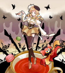 Rule 34 | 10s, 1girl, beret, blonde hair, boots, breasts, brown thighhighs, bug, butterfly, candy, charlotte (madoka magica), corset, cup, detached sleeves, drill hair, flower, food, gun, hair ornament, hairpin, hat, insect, large breasts, macaron, magical girl, magical musket, mahou shoujo madoka magica, mahou shoujo madoka magica (anime), pleated skirt, puffy sleeves, ribbon, rifle, rose, shinsui saya, shinsuisha, shirt, skirt, striped clothes, striped thighhighs, taut clothes, taut shirt, teacup, thighhighs, tomoe mami, twin drills, twintails, vertical-striped clothes, vertical-striped thighhighs, weapon, yellow eyes, zettai ryouiki
