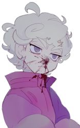 Rule 34 | 1boy, bede (pokemon), blood, blood on face, closed mouth, coat, creatures (company), curly hair, empty eyes, game freak, grey eyes, highres, male focus, nintendo, nosebleed, pink coat, pokemon, pokemon swsh, simple background, solo, thxzmgn, upper body, white background, white hair