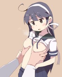 Rule 34 | 1boy, 1girl, ahoge, bad id, bad twitter id, black hair, blue neckwear, blue skirt, blush, grabbing another&#039;s breast, breasts, brown background, brown eyes, clothes lift, dokan (dkn), grabbing, guided breast grab, guiding hand, headband, inactive account, kantai collection, long hair, long sleeves, medium breasts, nipples, open clothes, open mouth, open shirt, pleated skirt, ribbon, sailor collar, school uniform, serafuku, shirt, shirt lift, short sleeves, simple background, skirt, sweat, ushio (kancolle)