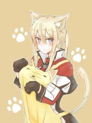 Rule 34 | 1girl, 702 (naotsu), animal ears, animal print, apron, black gloves, blonde hair, blue eyes, blush, brown background, capelet, cat ears, cat print, cat tail, closed mouth, frown, gloves, graf zeppelin (kancolle), hair between eyes, kantai collection, kemonomimi mode, long hair, long sleeves, looking at viewer, paw pose, paw print, paw print background, sidelocks, solo, sweat, tail, twintails, upper body, yellow apron