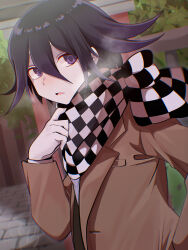 Rule 34 | 1boy, 345 myk, absurdres, alternate costume, black hair, blush, brown jacket, checkered clothes, checkered scarf, d:, danganronpa (series), danganronpa v3: killing harmony, day, flipped hair, from side, hair between eyes, hand up, highres, hope&#039;s peak academy school uniform, jacket, long sleeves, looking at viewer, looking to the side, male focus, oma kokichi, open mouth, outdoors, purple eyes, scarf, school uniform, solo, stone floor, tree