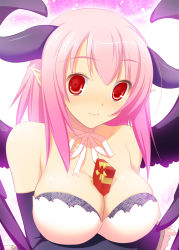 Rule 34 | 1girl, 47agdragon, bare shoulders, between breasts, breasts, chocolate, cleavage, crossed arms, demon girl, elbow gloves, gloves, highres, horns, large breasts, long hair, pink hair, pixiv fantasia, pixiv fantasia 4, pointy ears, red eyes, smile, solo, valentine