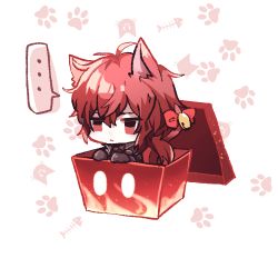 Rule 34 | ..., 1boy, animal ear fluff, animal ears, bad id, bad pixiv id, bell, black coat, black gloves, box, cat boy, chibi, coat, collared coat, diluc (genshin impact), empty eyes, frown, genshin impact, gloves, hair bell, hair ornament, in box, in container, male focus, paw print, paw print background, ponytail, red eyes, usako (usako1031)