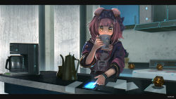 Rule 34 | 1girl, absurdres, advarcher, animal ears, arknights, black skirt, blue hairband, braid, cat ears, cellphone, coffee maker, commentary request, covered mouth, cup, goldenglow (arknights), hair over shoulder, hairband, high-waist skirt, highres, holding, holding cup, indoors, jacket, lightning bolt print, long hair, long sleeves, looking at viewer, mizuki (arknights), mug, open clothes, open jacket, orange eyes, phone, pink hair, pink jacket, print hairband, puffy long sleeves, puffy sleeves, shirt, single braid, skirt, solo, standing, upper body, white shirt