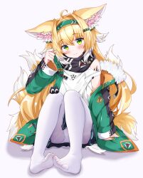 Rule 34 | 1girl, absurdres, ahoge, animal ear fluff, animal ears, arknights, black scarf, blonde hair, blush, chinese commentary, closed mouth, commentary request, cosplay, feet, fox ears, fox girl, fox tail, full body, fur trim, green eyes, green jacket, green nails, hair ornament, hairband, hairclip, highres, jacket, kitsune, knees up, long hair, long sleeves, looking at viewer, material growth, multicolored hair, multiple tails, nail polish, no shoes, off shoulder, oripathy lesion (arknights), panties, panties under pantyhose, pantyhose, scarf, shadow, shirt, simple background, sitting, skirt, smile, soles, solo, suzuran (arknights), tail, toes, underwear, white background, white hair, white panties, white pantyhose, white shirt, yuki kokoro