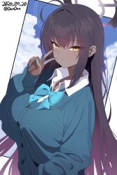 Rule 34 | 1girl, ahoge, black hair, blue archive, blue bow, blue bowtie, blue cardigan, blue nails, blue sky, blush, bow, bowtie, breasts, cardigan, cloud, collared shirt, dandan (uaee4742), dark-skinned female, dark skin, dated, day, fingernails, gradient hair, halo, hand in pocket, highres, karin (blue archive), large breasts, long hair, looking at viewer, multicolored hair, nail polish, purple hair, purple halo, school uniform, shirt, sky, solo, twitter username, two-tone background, v, white background, white shirt, yellow eyes