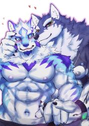 Rule 34 | 2boys, abs, animal ears, bara, black claws, blue eyes, blush, chin rest, colored sclera, commentary, embarrassed, fangs, flying sweatdrops, furry, furry male, green eyes, head on head, head rest, heart, highres, holding another&#039;s head, holding hands, live a hero, looking at another, looking at viewer, male focus, monomasa (live a hero), multiple boys, open mouth, pawpads, pectorals, red sclera, sadayoshi (live a hero), sakuhuu, symbol-only commentary, thick eyebrows, topless male, white background, wolf boy, wolf ears