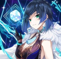 Rule 34 | 1girl, absurdres, akine (kuroyuri), bare shoulders, black gloves, blue background, blue hair, blunt bangs, blush, bob cut, breasts, cleavage, commentary request, dice, fur-trimmed jacket, fur trim, genshin impact, gloves, green eyes, grin, hand up, highres, jacket, jacket on shoulders, large breasts, looking at viewer, mole, mole on breast, short hair, sleeveless, smile, solo, upper body, white jacket, yelan (genshin impact)