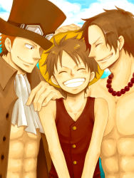 Rule 34 | 3boys, abs, alternate universe, ariha, brothers, brown hair, closed eyes, family, freckles, goggles, goggles on head, grin, happy, hat, jewelry, male focus, monkey d. luffy, multiple boys, necklace, one piece, pirate, portgas d. ace, sabo (one piece), scar, topless male, siblings, smile, straw hat, time paradox