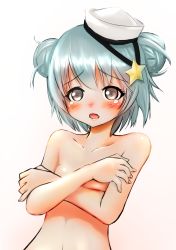 Rule 34 | 1girl, absurdres, blue hair, blush, breasts, collarbone, covering privates, covering breasts, double bun, embarrassed, grey eyes, hair ornament, highres, kantai collection, looking at viewer, makura (y makura), navel, open mouth, sailor collar, samuel b. roberts (kancolle), small breasts, solo, star (symbol), star hair ornament, tears, white background