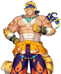 Rule 34 | 1boy, abs, animal ears, another eidos-r, baggy pants, bandaged arm, bandages, bara, body fur, chest hair, covered abs, facial hair, feet out of frame, flame print, headband, large pectorals, large tail, long sideburns, looking at viewer, magatama, magatama necklace, male focus, mature male, midriff sarashi, muscular, muscular male, necklace, official art, pants, pectorals, pugi (another eidos), sarashi, short hair, sideburns, solo, stubble, tail, tiger boy, tiger ears, tiger stripes, tiger tail, topless male, transparent background, waku (ayamix), yellow fur