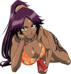 Rule 34 | 1girl, bare arms, bare legs, bare shoulders, bikini, bleach, bleach bankai battle, breasts, card, cleavage, dark-skinned female, dark skin, eating, female focus, food, fruit, full body, hand on own cheek, hand on own face, high ponytail, holding, holding food, large breasts, legs, long hair, looking at viewer, lying, official art, orange bikini, ponytail, purple hair, shihouin yoruichi, shiny skin, smile, solo, swimsuit, tattoo, very long hair, watermelon, white background, yellow eyes