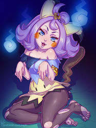 Rule 34 | 1girl, acerola (pokemon), adapted costume, animal ears, armlet, artist name, bare shoulders, black pantyhose, blue eyes, blush, blush stickers, breasts, cosplay, creatures (company), dress, fake animal ears, feet, female focus, full body, game freak, hair ornament, hands up, kajin (kajinman), looking at viewer, mimikyu (cosplay), nail polish, nintendo, no shoes, open mouth, pantyhose, patreon, patreon username, paw pose, pokemon, pokemon sm, purple hair, short hair, signature, simple background, sitting, small breasts, smile, solo, tail, teeth, text focus, toes, tongue, torn clothes, torn pantyhose, trial captain, watermark, web address