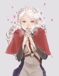 Rule 34 | 1girl, ahoge, black bridal gauntlets, braid, bridal gauntlets, capelet, facing viewer, fire emblem, fire emblem fates, francisco mon, fujoshi, harness, heart, hood, hooded capelet, long hair, looking at viewer, low twin braids, nina (fire emblem), nintendo, o-ring, o-ring harness, own hands together, parted bangs, red capelet, red hood, smile, solo, teeth, twin braids, upper body, upper teeth only, white hair