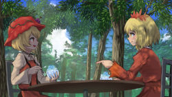 Rule 34 | 2girls, :t, aki minoriko, aki shizuha, black ribbon, blonde hair, brown dress, chair, choker, commentary request, day, dress, eating, eye contact, food, forest, from side, fruit, grapes, hair ornament, hat, holding, holding spoon, juliet sleeves, layered dress, leaf hair ornament, long sleeves, looking at another, mob cap, multiple girls, nature, open mouth, pointing finger, puffy sleeves, red eyes, red hat, ribbon, ribbon choker, roke (taikodon), shaved ice, short hair, sitting, spoon, table, touhou, upper body, yellow eyes
