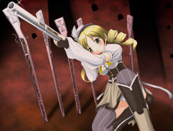 Rule 34 | 10s, 1girl, beret, blonde hair, boots, breasts, corset, detached sleeves, drill hair, fingerless gloves, gloves, gun, hair ornament, hat, kahis (sweetbriar), kneeling, magical girl, magical musket, mahou shoujo madoka magica, mahou shoujo madoka magica (anime), medium breasts, on one knee, panties, pantyshot, puffy sleeves, rifle, shaft (company), shirt, smile, solo, taut clothes, taut shirt, thighhighs, tomoe mami, underwear, weapon, white panties, yellow eyes