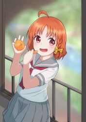 Rule 34 | 1girl, artist name, blush, bow, breasts, clover hair ornament, collarbone, detached sleeves, female focus, food, fruit, hair bow, hair ornament, hairclip, hatsushiro-hinoe, highres, holding orange, long sleeves, looking at viewer, love live!, love live! sunshine!!, miniskirt, orange (fruit), orange hair, parted lips, pleated skirt, red eyes, red neckwear, ribbon, sailor collar, school uniform, shirt, short hair, skirt, small breasts, smile, solo, takami chika, white shirt, yellow bow