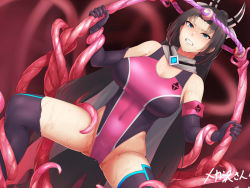 Rule 34 | 1girl, armband, bare shoulders, black gloves, black hair, black one-piece swimsuit, black thighhighs, blue eyes, blurry, blurry background, blush, breasts, cape, clenched teeth, commission, competition swimsuit, covered navel, elbow gloves, gloves, grabbing, grey cape, high ponytail, highleg, highleg swimsuit, imminent rape, kageshio (276006), large breasts, long hair, nose blush, one-piece swimsuit, original, parted lips, pink one-piece swimsuit, ponytail, restrained, skeb commission, solo, spread legs, sweat, swimsuit, teeth, tentacles, thighhighs, thighs, torn clothes, torn gloves, torn thighhighs, two-tone swimsuit, very long hair