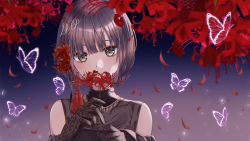 Rule 34 | 1girl, animal, bare shoulders, black gloves, black shirt, brown eyes, brown hair, bug, butterfly, commentary request, covered mouth, eyebrows hidden by hair, flower, gloves, hands up, holding, holding flower, insect, looking at viewer, minamoto mamechichi, original, red flower, shirt, short hair, sleeveless, sleeveless shirt, solo, spider lily, upper body