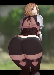 Rule 34 | 1girl, armor, ass, ass focus, bike shorts, black shorts, blonde hair, blush, breasts, djeeta (granblue fantasy), from behind, granblue fantasy, green eyes, grin, hair intakes, hairband, highres, huge ass, leaning, leaning forward, looking at viewer, looking back, medium breasts, naughty face, rebelwear (granblue fantasy), short hair, short shorts, shorts, sideboob, sinnitoksi, smile, solo, thick thighs, thighhighs, thighs