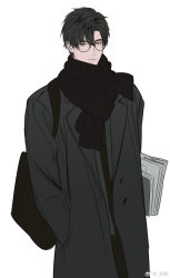 1boy bag black_bag black_coat black_hair black_scarf book brown_eyes coat glasses highres holding long_sleeves looking_at_viewer love_and_deepspace male_focus maosen paper scarf shoulder_bag solo standing white_background zayne_(love_and_deepspace)