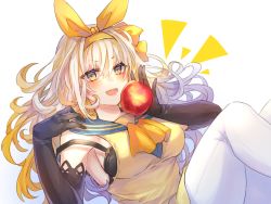 Rule 34 | 1girl, :d, apple, ascot, bad id, bad pixiv id, black gloves, blonde hair, blue sailor collar, blush, bow, breasts, commentary request, dress, elbow gloves, fang, food, fruit, gloves, gradient hair, hair between eyes, hair bow, hair ribbon, hands up, knees up, long hair, looking at viewer, medium breasts, multicolored hair, notice lines, open mouth, orange ascot, original, pantyhose, red apple, ribbon, sailor collar, sailor dress, shikino yuki, simple background, sleeveless, sleeveless dress, smile, solo, v-shaped eyebrows, white background, white hair, white pantyhose, yellow bow, yellow dress, yellow eyes, yellow ribbon