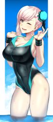 Rule 34 | 1girl, asymmetrical hair, black one-piece swimsuit, blue eyes, blue one-piece swimsuit, breasts, bun cover, cleavage, collarbone, competition swimsuit, covered navel, fate/grand order, fate (series), hair bun, hal-bard, highleg, highleg swimsuit, highres, large breasts, long hair, miyamoto musashi (fate), miyamoto musashi (fate/grand order), miyamoto musashi (swimsuit berserker) (fate), miyamoto musashi (swimsuit berserker) (first ascension) (fate), multicolored clothes, multicolored swimsuit, one-piece swimsuit, one eye closed, open mouth, pink hair, sideboob, single hair bun, single hair intake, single sidelock, solo, swept bangs, swimsuit, thighs, two-tone swimsuit, wink