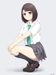 Rule 34 | 1girl, :/, black socks, blue panties, blush, brown eyes, brown hair, closed mouth, collared shirt, commentary request, expressionless, full body, green necktie, grey background, hands on own knees, highres, kneehighs, legs together, loafers, long hair, necktie, original, panties, pleated skirt, school uniform, shirt, shoes, short hair, short sleeves, side-tie panties, side-tie peek, simple background, skirt, socks, solo, squatting, swept bangs, tareme, thighs, translated, underwear, untied panties, white shirt, wing collar, yurashima