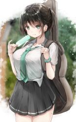 Rule 34 | 1girl, black hair, black skirt, blush, breasts, collared shirt, commentary request, cowboy shot, food, green eyes, green necktie, hair between eyes, highres, hiromaster sinta jh, holding, holding food, holding strap, instrument case, large breasts, looking at viewer, necktie, original, parted lips, pleated skirt, ponytail, popsicle, scrunchie, shirt, shirt tucked in, short hair, short ponytail, short sleeves, sidelocks, skirt, solo, standing, white shirt, wrist scrunchie