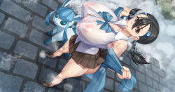 Rule 34 | 1girl, absurdres, ass, black eyes, black hair, blue sweater, breasts, candice (pokemon), creatures (company), curvy, game freak, gen 4 pokemon, glaceon, highres, huge ass, huge breasts, kawahagitei, long hair, miniskirt, multi-tied hair, nintendo, nipples, pokemon, pokemon (creature), pokemon dppt, see-through, shoes, skirt, sleeveless, snow, solo, standing, sweater, wide hips