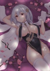 Rule 34 | 1girl, arm behind head, azur lane, baeg mi, black dress, breasts, closed mouth, covered navel, dress, garter straps, gloves, highres, large breasts, looking at viewer, lying, official alternate costume, on back, petals, purple eyes, short hair, silver hair, sirius (azur lane), sirius (azure horizons) (azur lane), solo, thighhighs, white gloves, white thighhighs