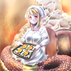 Rule 34 | 1girl, apron, croissant, food, lamia, looking at viewer, monster girl, original, oven, pointy ears, scales, solo, til (tilpim)
