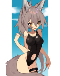 Rule 34 | 1girl, absurdres, animal ear fluff, animal ears, breasts, brown eyes, clenched hand, clothing cutout, cloud, collarbone, competition swimsuit, fang, ghost (tama), grey hair, hair between eyes, highres, medium breasts, navel, navel cutout, one-piece swimsuit, open hand, open mouth, original, sky, solo, swimsuit, tail, thigh strap, v-shaped eyebrows, wolf ears, wolf girl, wolf tail