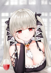 Rule 34 | 1girl, absurdres, alcohol, arm support, azur lane, blunt bangs, blurry, breasts, cleavage, collarbone, commentary request, cup, depth of field, detached sleeves, drinking glass, earrings, formidable (azur lane), hair ribbon, head rest, highres, jewelry, large breasts, long hair, looking at viewer, maid, red eyes, resolution mismatch, ribbon, sidelocks, silver hair, smile, solo, sony kisaragi, source smaller, twintails, wine, wine glass