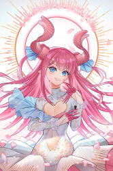 Rule 34 | 1girl, absurdres, alternate costume, blue eyes, blush, breasts, cherry blossoms, cleavage, collarbone, commentary request, dragon tail, dress, elizabeth bathory (fate), elizabeth bathory (fate/extra ccc), fate/extra, fate/extra ccc, fate/grand order, fate (series), flat chest, green dress, hair between eyes, highres, horns, huge filesize, laon, long hair, looking at viewer, messy hair, navel, parted lips, pink hair, pointy ears, simple background, smile, solo, stomach, tagme, tail, teeth, white dress