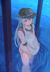 Rule 34 | 10s, 1girl, anchor symbol, blue eyes, clothes pull, collarbone, flat cap, hat, hibiki (kancolle), highres, kantai collection, long hair, looking at viewer, mumyuu, neckerchief, partially submerged, ripples, school uniform, serafuku, shirt pull, shirt tug, silver hair, sleeves rolled up, smile, solo, upper body, very long hair, wading, water, wet, wet clothes