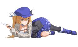 Rule 34 | 1girl, absurdres, blonde hair, blue footwear, blue hat, blue skirt, boots, breasts, cleavage, dokibird (vtuber), full body, green eyes, grey jacket, hat, hechium, highres, holding, holding knife, indie virtual youtuber, jacket, knee boots, knife, long hair, long sleeves, looking at viewer, lying, medium breasts, on side, simple background, single leg pantyhose, skirt, solo, twintails, virtual youtuber, white background