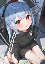 Rule 34 | 1girl, bandaid, bandaid on knee, bandaid on leg, barefoot, black bow, black jacket, black shorts, blue hair, blush, bow, commentary request, ear piercing, gym shorts, hair bow, hair ornament, hairclip, highres, indoors, jacket, long hair, long sleeves, looking at viewer, original, parted lips, piercing, red eyes, short shorts, shorts, sidelocks, solo, sparkle, squatting, teeth, track jacket, tsukiman, twintails, upper teeth only, very long hair