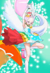 Rule 34 | 10s, 1girl, armpits, arms up, bare shoulders, cake hair ornament, cure parfait, elbow gloves, closed eyes, food-themed hair ornament, gloves, green background, hair ornament, hair up, haruyama kazunori, horse girl, kirahoshi ciel, kirakira precure a la mode, long hair, magical girl, open mouth, parfait, ponytail, precure, single wing, solo, standing, standing on one leg, white gloves, wings