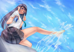 Rule 34 | 1girl, bare legs, barefoot, black hair, black skirt, blue eyes, blue sky, can, day, drink can, highres, holding, leg lift, looking at viewer, necktie, original, parted lips, pleated skirt, shirt, sitting, skirt, sky, soda can, solo, splashing, tokiyuno, water, white shirt