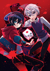 Rule 34 | 2boys, ahoge, black gloves, black hair, black pants, blue eyes, closed mouth, collared shirt, commentary request, covered mouth, dice, dress shirt, fingerless gloves, gloves, grey hair, hair between eyes, hand up, highres, hood, hood down, hooded jacket, jacket, long sleeves, looking at viewer, looking back, male focus, multiple boys, nou (nounknown), original, pants, polka dot, polka dot background, puffy long sleeves, puffy sleeves, purple eyes, red background, red jacket, shirt, sweater vest, v-shaped eyebrows, white shirt