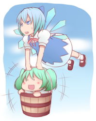Rule 34 | 2girls, :d, bad id, bad pixiv id, bucket, carrying, cirno, in bucket, in container, kisume, laughing, multiple girls, omacchi, open mouth, smile, touhou